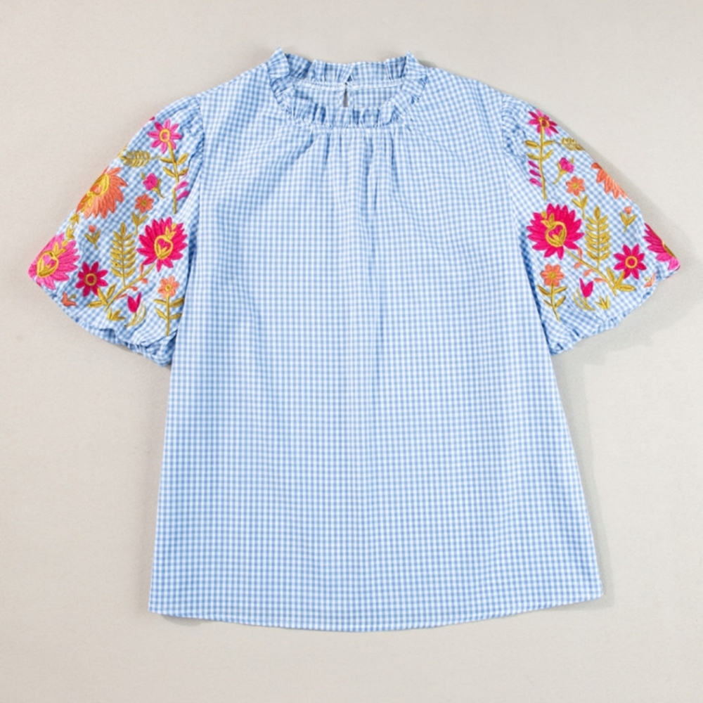 Blue Gingham Top with Floral Embroidered Sleeves